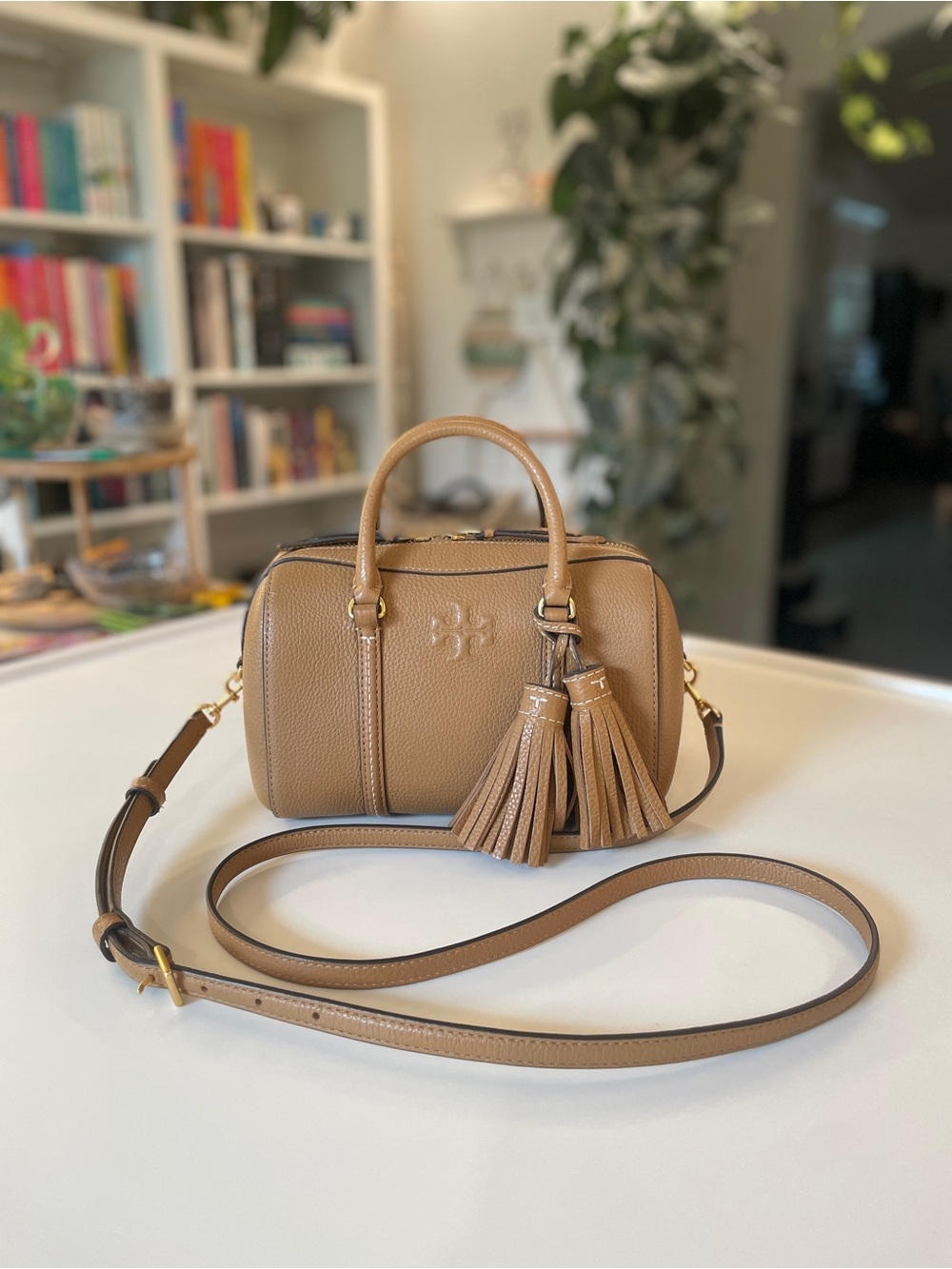 Tory Burch Pebbled Leather Tan Crossbody/Top handle Bag with Tassels